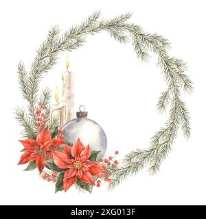 Couronne de sapin avec fleur de poinsettia, baies rouges, bougies de cire et boule de verre. Illustration aquarelle sur fond isolé. Motif de Noël pour invi Banque D'Images