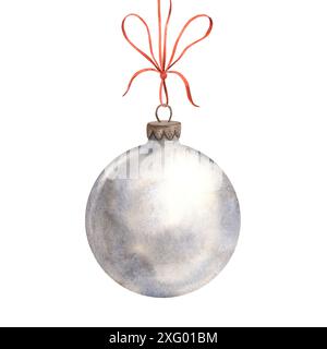 Verre rond boule-jouet du nouvel an pour l'arbre de Noël en couleur bleu-gris avec un ruban rouge. Illustration de Noël à l'aquarelle dessinée à la main. Convient pour Banque D'Images