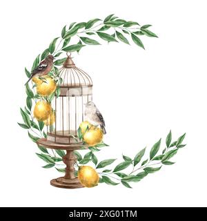 Une couronne de feuilles vertes, avec une cage de bronze, des oiseaux bruns et des citrons jaunes. Illustration aquarelle isolée dans le style vintage. Composition à la main f Banque D'Images