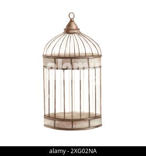 Cage métallique en cuivre pour oiseaux. Cage fine et sophistiquée pour animaux. Illustration aquarelle isolée dans le style vintage. La composition est dessinée pour int Banque D'Images