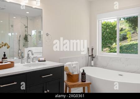 Une salle de bains moderne avec une baignoire sur pied, des comptoirs en marbre et une grande fenêtre donnant sur la verdure Banque D'Images