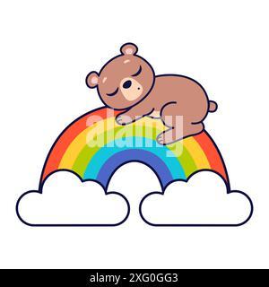 Mignon petit ours dort sur l'arc-en-ciel. Illustration vectorielle. Illustration de Vecteur