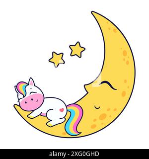 Mignonne petite licorne dort sur la lune. Illustration vectorielle. Illustration de Vecteur