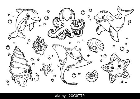 Ensemble d'illustration vectorielle d'animaux marins mignons. Dauphin, poulpe, épaulard, crabe ermite, raie, étoiles de mer, coquillages Illustration de Vecteur