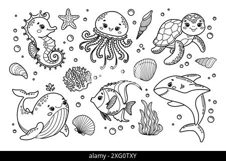 Ensemble d'illustrations vectorielles d'animaux marins mignons. Hippocampe, méduses, baleine, poisson, requin, tortue, corail, coquillages Illustration de Vecteur