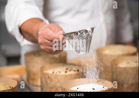 Chef pâtissier garnissant des panettones italiens traditionnels avec du sucre en poudre. Photographie de haute qualité Banque D'Images