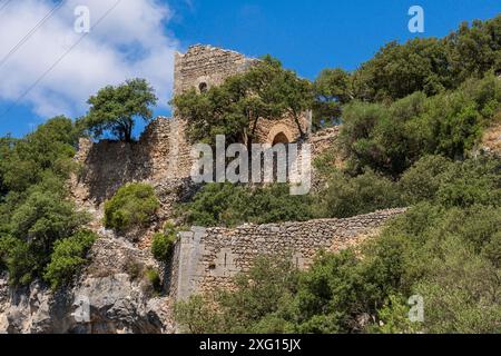 Château d'Alaro, escaliers à la porte principale du mur, Majorque, Îles Baléares, Espagne Banque D'Images