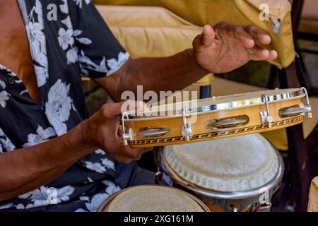 Musicien jouant du tambourin dans les rues de Pelourinho à Salvador à Bahia lors d'un spectacle de samba au Carnaval Banque D'Images