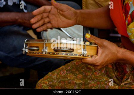 Tambourine jouée par un ritimiste lors d'une représentation de samba dans le carnaval brésilien de Rio de Janeiro, au Brésil Banque D'Images