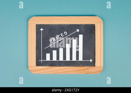 Hausse mondiale des prix, frais de subsistance élevés, pénurie de produits alimentaires, coûts de gaz et d'électricité, inflation du dollar et de l'euro montrés dans le graphique Banque D'Images