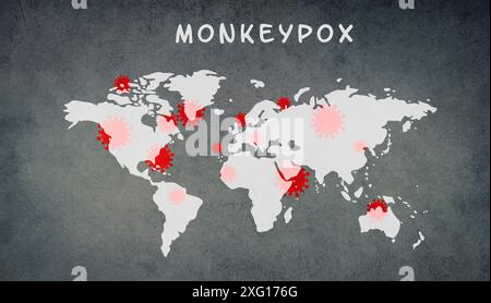 Carte du monde, la monkeypox est debout sur le fond texturé, l'épidémie du virus MPXV, la propagation de maladies infectieuses, la pandémie Banque D'Images