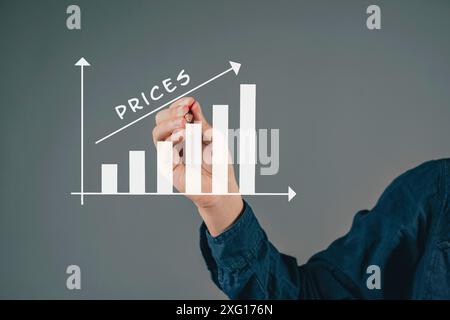 Hausse mondiale des prix, frais de subsistance élevés, pénurie de produits alimentaires, coûts de gaz et d'électricité, inflation du dollar et de l'euro montrés dans le graphique Banque D'Images