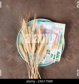 Assiette avec des billets de blé et d'euros, pénurie alimentaire et augmentation des prix, pauvreté par l'inflation Banque D'Images