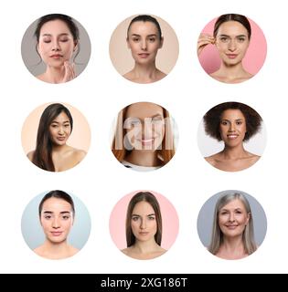 Beaucoup de belles femmes de différentes races et âges. Collage de portraits Banque D'Images