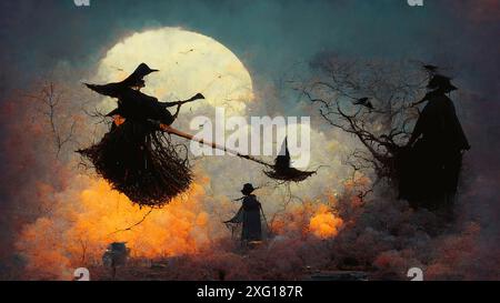 Carte de voeux pour Halloween avec des sorcières volant sur un balai, arbres mystérieux, nuit pleine de lune sombre et effrayante en automne, illustration Banque D'Images