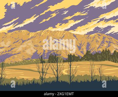 Affiche WPA de la chaîne de montagnes Remarkables vue depuis Arthurs point à Queenstown, Otago, Île du Sud de la Nouvelle-Zélande fait en travaux projet adm Illustration de Vecteur