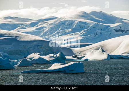 Formations géologiques et bergs de glace autour des îles Melchior, péninsule Antarctique, dimanche 19 novembre 2023. Photo : David Rowland / One-Image.com Banque D'Images