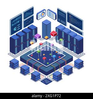 Réseau de centres de données isométriques avec affichages analytiques. Concept Big Data Analytics. Illustration de Vecteur