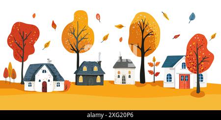 Arbres d'automne jaune, orange et rouge, chute des feuilles. Petites maisons blanches sur une pelouse ocre. Dessiné à la main. Affiche folklorique paysage d'automne. Illustration de Vecteur