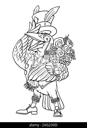 Corbeau amical dans des vêtements steampunk et avec un grand bouquet de fleurs à colorer. Coloriage pour enfants et adultes. Banque D'Images