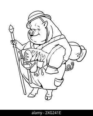 Cochon drôle à colorer. Coloriage avec caractère de conte de fées pour les enfants. Banque D'Images