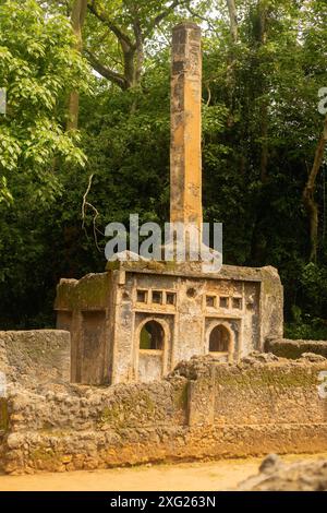 Ruines de Gedi dans la ville de Gede - Une colonie côtière médiévale swahili dans les réserves forestières Arabuko Sokoke à Malindi, au Kenya Banque D'Images