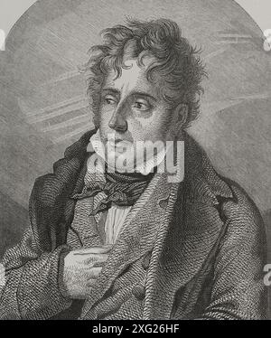 François-René, vicomte de Châteaubriand (1768-1848). Écrivain et diplomate français. Gravure de Carbonneau d'après un portrait d'Anne Louis Girodet de Roucy-Trioson. 'Los Héroes y las Grandezas de la Tierra' (les héros et les grandeurs de la Terre). Volume VIII 1856. Auteur : Jean Baptiste Charles Carbonneau (1815-1871). Graveur français. Banque D'Images