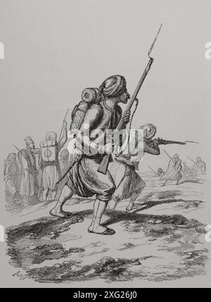 Guerre de Crimée (1853-1856). Les Zouaves en Crimée. Régiments d'infanterie de l'armée française dont les membres étaient originaires d'Algérie. Gravure. 'Los Héroes y las Grandezas de la Tierra' (les héros et les grandeurs de la Terre). Volume VIII 1856. Banque D'Images