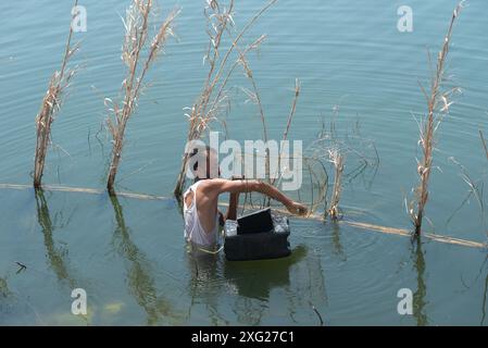 Un pêcheur égyptien vérifie ses pièges à poissons en utilisant des paniers métalliques et des plants de roseau placés dans les eaux peu profondes du Nil à Rosetta dans le delta du Nil. Rosetta connue localement sous le nom de Rashid est une ville portuaire du delta du Nil, la pierre de Rosetta y a été découverte en 1799. Banque D'Images