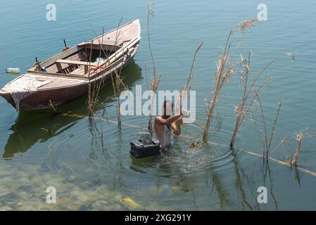 Rasheed, Égypte. 27 juin 2024. Un pêcheur égyptien vérifie ses pièges à poissons en utilisant des paniers métalliques et des plants de roseau placés dans les eaux peu profondes du Nil à Rosetta dans le delta du Nil. Rosetta connue localement sous le nom de Rashid est une ville portuaire du delta du Nil, la pierre de Rosetta y a été découverte en 1799. (Photo de John Wreford/SOPA images/SIPA USA) crédit : SIPA USA/Alamy Live News Banque D'Images