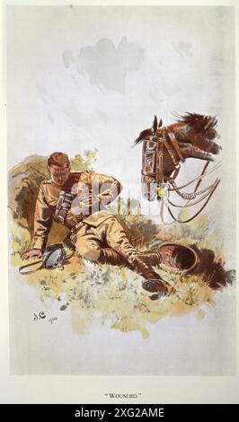 Histoire, uniformes militaires de l'armée britannique victorienne, soldat blessé avec son cheval, seconde guerre des Boers, années 1890 19ème siècle Banque D'Images