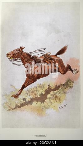 Histoire, armée britannique victorienne, cavalier de course à cheval sans cavalier sur le champ de bataille, seconde guerre des Boers, années 1890 19ème siècle Banque D'Images