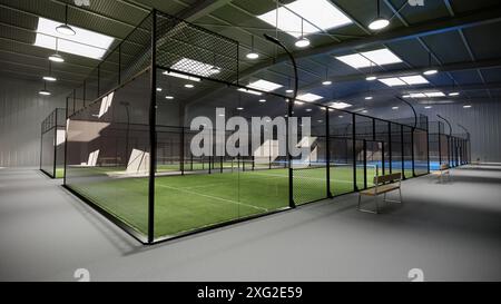 courts de tennis de padel verts et bleus vides à l'intérieur d'un entrepôt. Situé dans le complexe sportif. Avec lumières allumées pendant la journée Banque D'Images