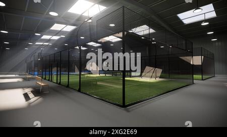 courts de tennis de padel verts et bleus vides à l'intérieur d'un entrepôt. Situé dans le complexe sportif. Avec lumières allumées pendant la journée Banque D'Images