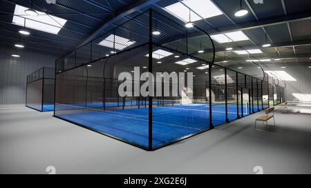 visualisation de courts de tennis de padel bleu à l'intérieur d'un bâtiment d'entrepôt, situé dans la zone d'installation du complexe sportif. Avec les luminaires éclairent Banque D'Images