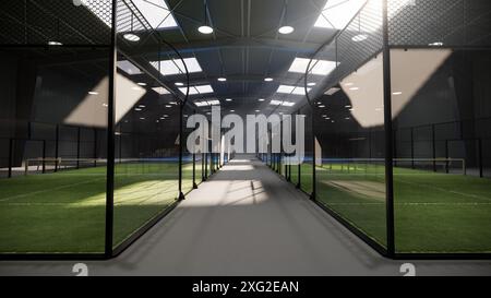 vue à hauteur des yeux des courts de tennis de padel vert inutilisés à l'intérieur d'un entrepôt, situé dans la zone des installations sportives. Avec les feux allumés la veille Banque D'Images