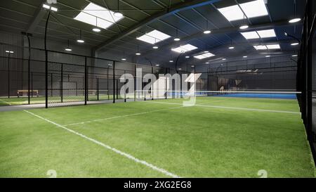 vue en angle sur les courts de tennis de padel verts vides à l'intérieur d'un entrepôt, situé dans la zone des installations sportives. Avec des lumières allumées pendant le da Banque D'Images