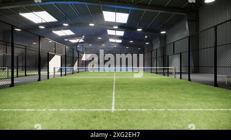 vue arrière des courts de padel verdoyants à l'intérieur d'un entrepôt avec banc en bois, situé dans la zone des installations sportives. Avec les feux allumés la veille Banque D'Images