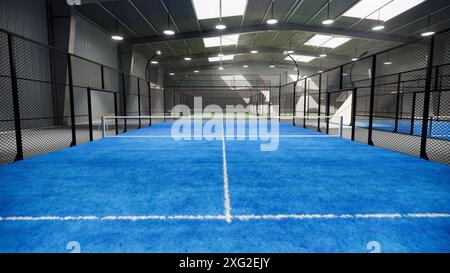 vue arrière des courts de tennis de padel bleu à l'intérieur d'un entrepôt avec banc en bois, situé dans la zone des installations sportives. Avec les lumières allumées uniformément Banque D'Images