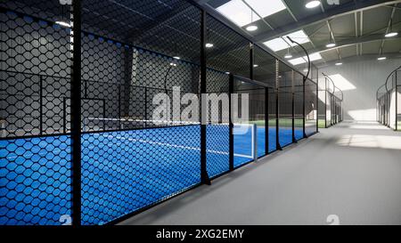 vue latérale des courts de tennis de padel bleu à l'intérieur d'un entrepôt, situé dans la zone des installations sportives. Avec les lumières toujours allumées malgré cela Banque D'Images