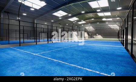 courts de tennis de padel bleu à l'intérieur d'un entrepôt, situé dans le complexe sportif. Avec des lumières toujours allumées malgré le jour Banque D'Images