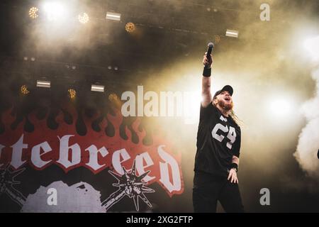 DANEMARK COPENAGHEN, COPENHELL FESTIVAL 19 JUIN : Jamey Jasta, chanteuse du groupe de metalcore américain Hatebreed, se produisant en direct sur scène au Festival de Copenhague 2024 Banque D'Images