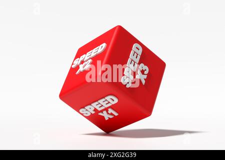 Les dés rouges roulent avec différents niveaux de vitesse. Concept de régulateur de vitesse. Rendu 3D. Banque D'Images