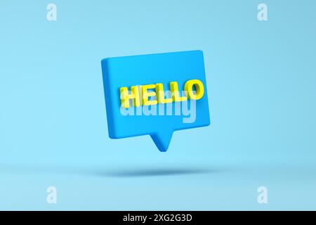 Le mot bonjour sur la bulle bleue. Salutation ou mot de bienvenue pour accueillir quelqu'un ou initier une conversation. Rendu 3D. Banque D'Images