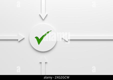 Approbation, stratégie commerciale adéquate, précision et concepts d'accord. Flèches directionnelles allant vers le symbole de coche sur fond blanc. Tendance 3D. Banque D'Images