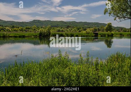 Le lac Posta Fibreno est situé dans la vallée de Comino. En plus de sa faune endémique, le lac est connu pour la présence d'un isl flottant naturel Banque D'Images