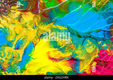 Illustration de texture marbrée et aqueuse avec des vagues organiques et multicolores créées avec de la peinture acrylique dans des couleurs primaires parfaites pour les arrière-plans et t Banque D'Images