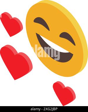 Emoji jaune montrant des dents est entouré de cœurs rouges sur fond blanc Illustration de Vecteur