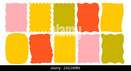 Jeu de cadres colorés. Bords dentelés, rétro festonné jaune, rose, vert, cadres rouges, rectangles psychédéliques, ensemble de formes groovy Illustration de Vecteur