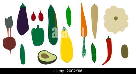 Ensemble de légumes colorés isolés, design plat, Illustration de Vecteur